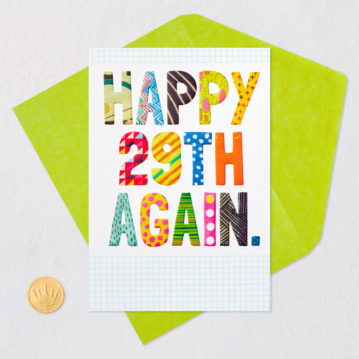 Happy 29th Again Colored Letters Funny Birthday Card Card Front with Envelope and Gold Seal image number 5