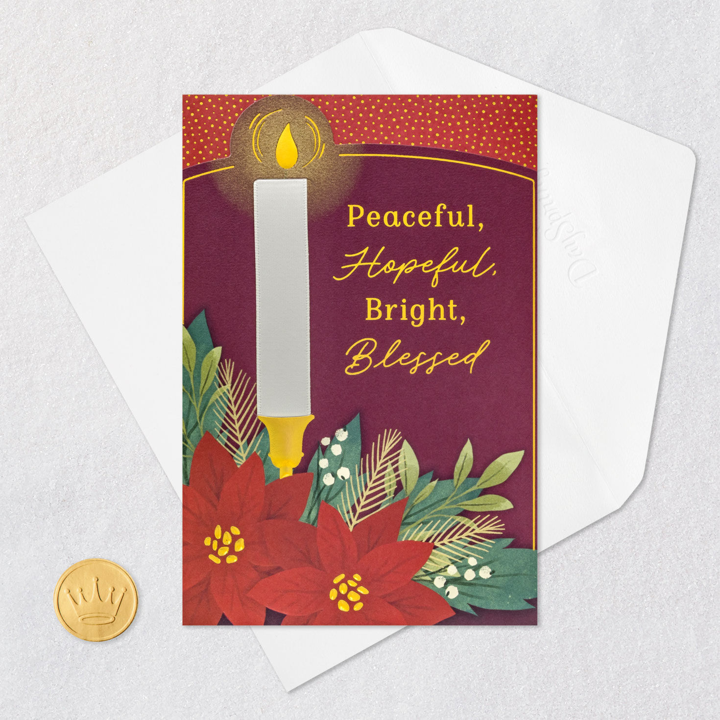 Candle and Poinsettias Religious Christmas Card Card Front with Envelope and Gold Seal image number 6
