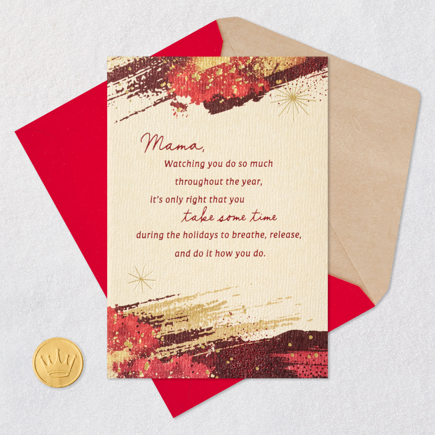 Burgundy and Gold Brushstrokes Christmas Card for Mom Card Front with Envelope and Gold Seal image number 7