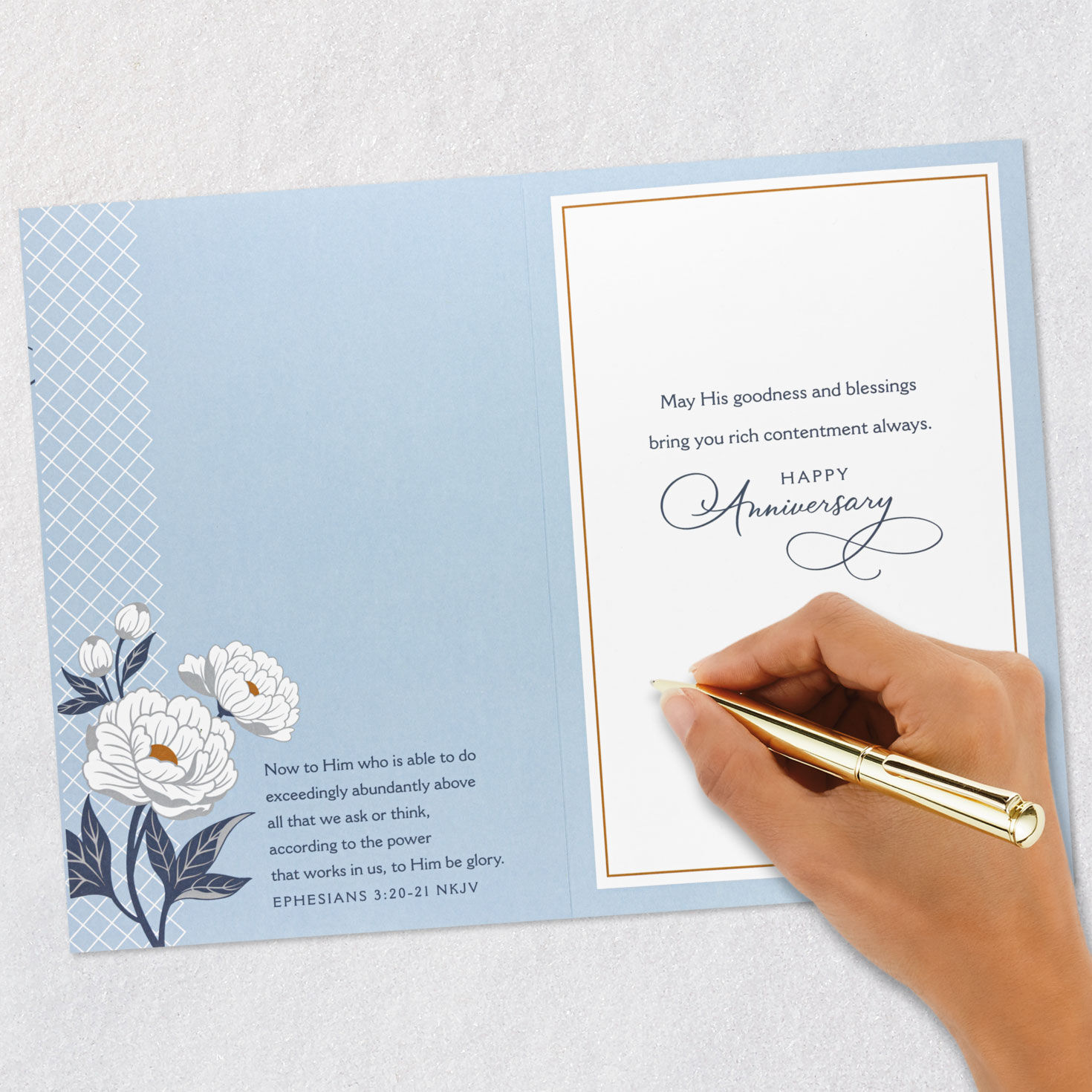 White and Gold Flowers on Dusty Blue Anniversary Card Signing card image number 7