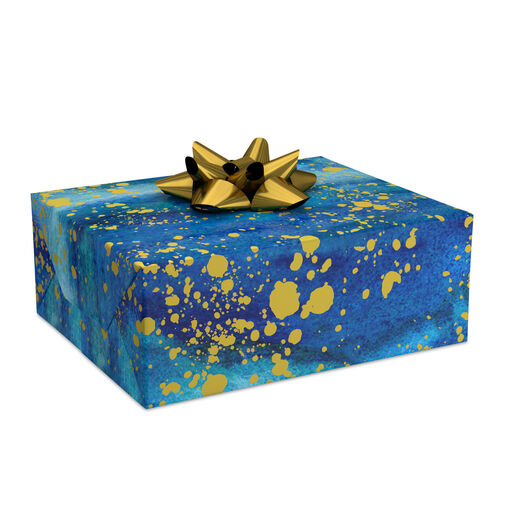 Blue Watercolor With Gold Splatter Wrapping Paper, 20 sq. ft., 