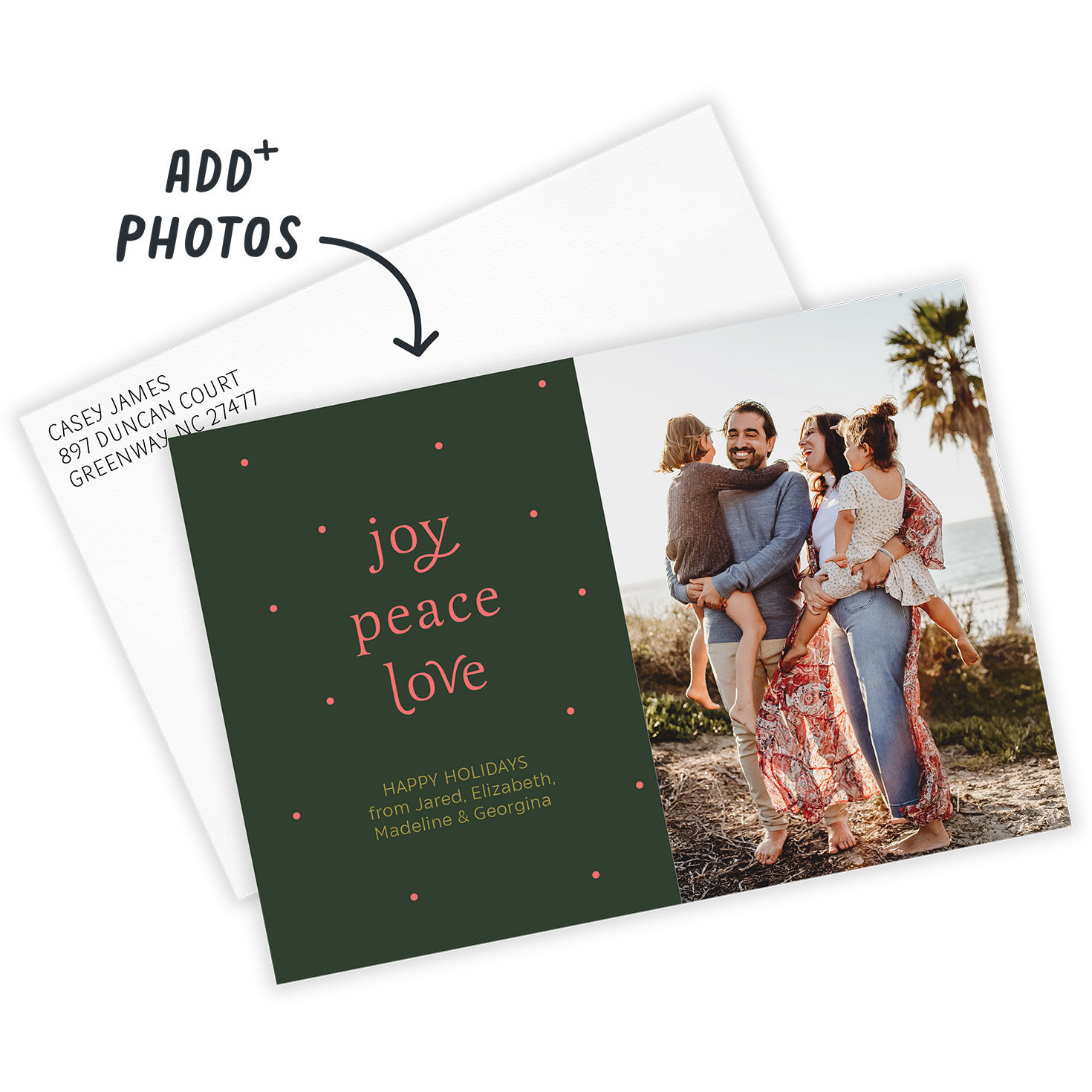 Joy Peace Love on Green Personalized Photo Card Card with Envelope indicating personalization image number 2