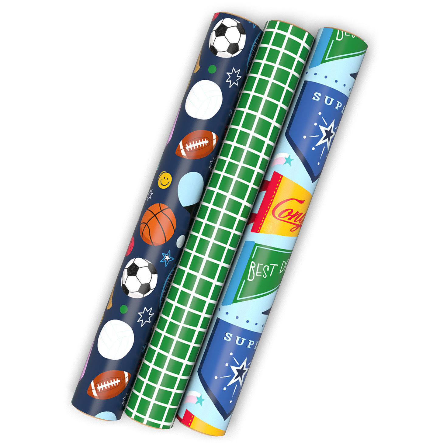 Sporty 3-Pack Wrapping Paper Mini Roll Bundle, 60 sq. ft. total