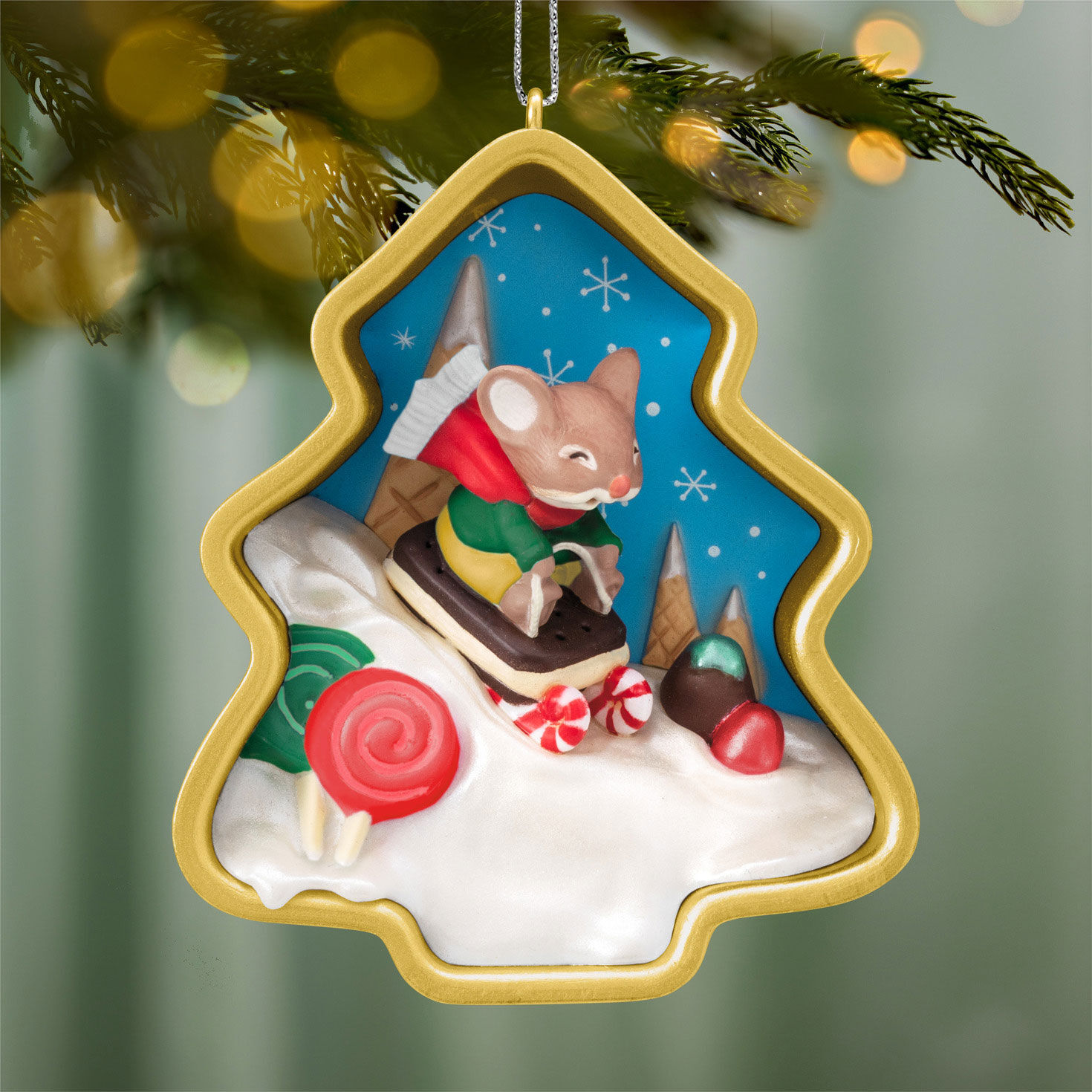 Mouse Sledding Cookie Cutter Keepsake Ornament hanging on tree image number 2