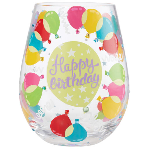 Lolita Happy Birthday Balloons Handpainted Stemless Wine Glass, 20 oz., 