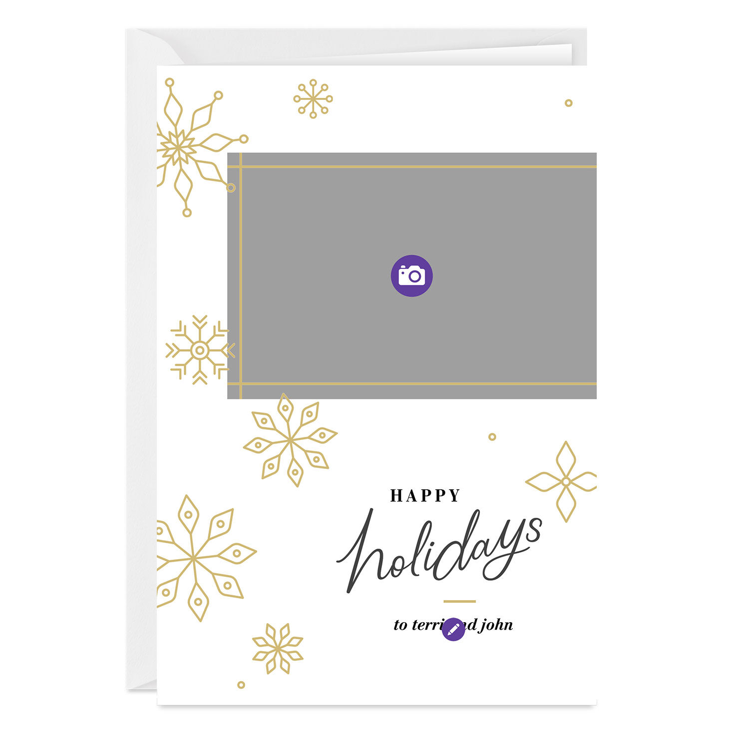 Gold Snowflakes Personalized Holiday Photo Card Card Front indicating personalization image number 3