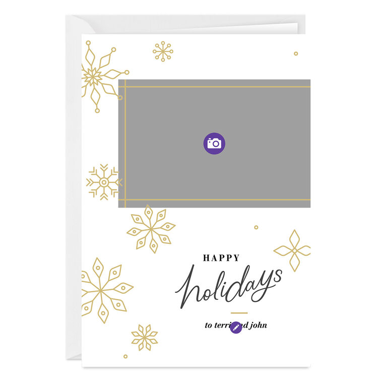 Gold Snowflakes Personalized Holiday Photo Card Card Front indicating personalization image number 3