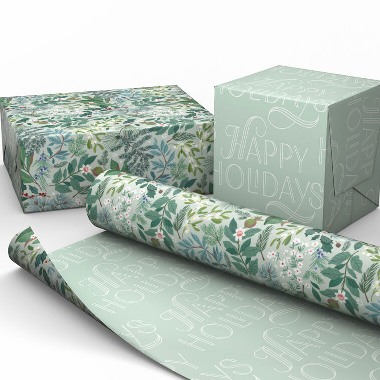 Floral on Blue/Happy Holidays Reversible Gift Wrap Wrapped pkg image number 2
