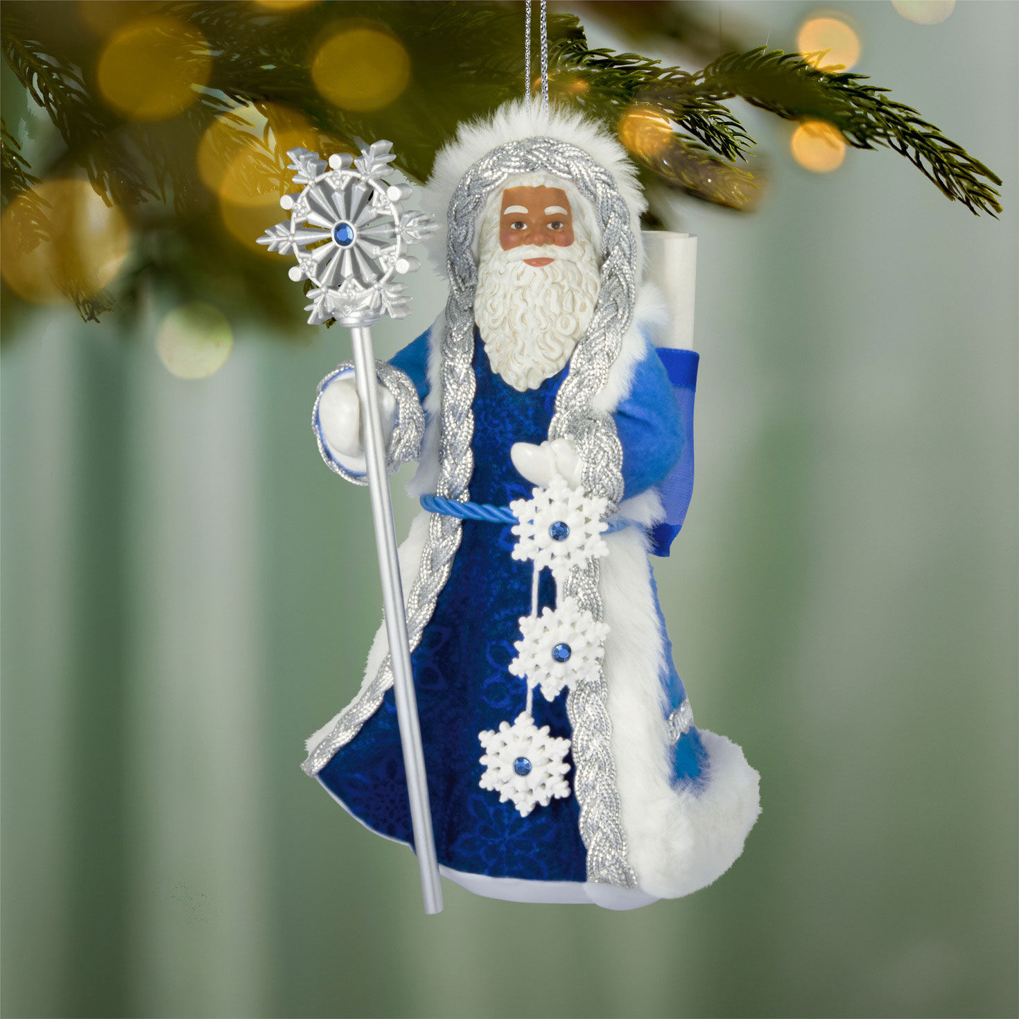 Black Father Christmas in Blue Keepsake Ornament hanging on tree image number 2