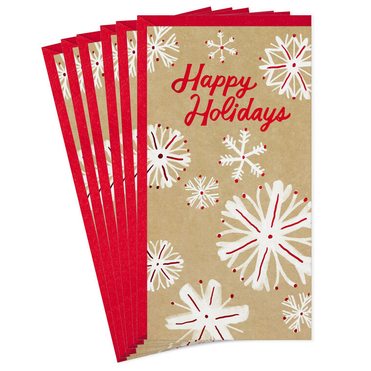 Snowflakes on Tan Money-Holder Christmas Cards, Pack of 6