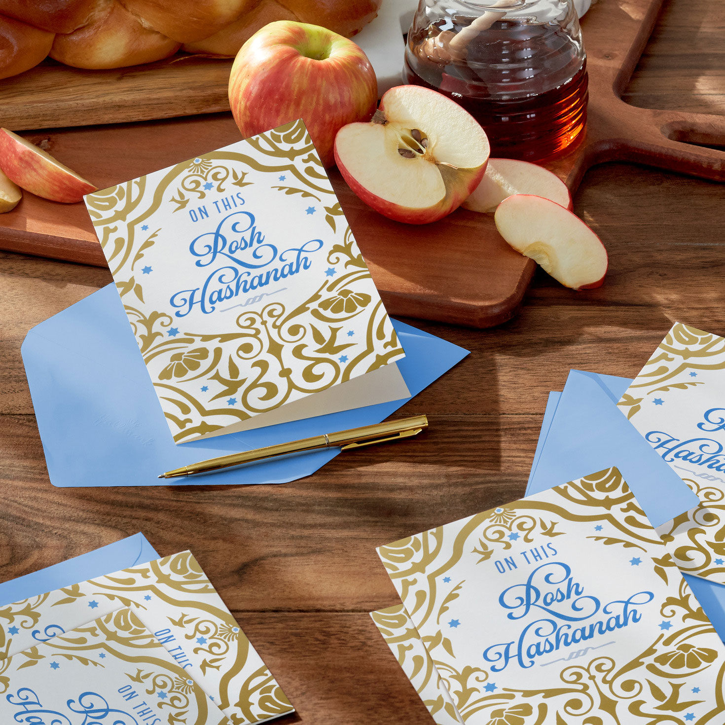 Blue and Gold Rosh Hashanah Cards Bulk Pack in use image number 7