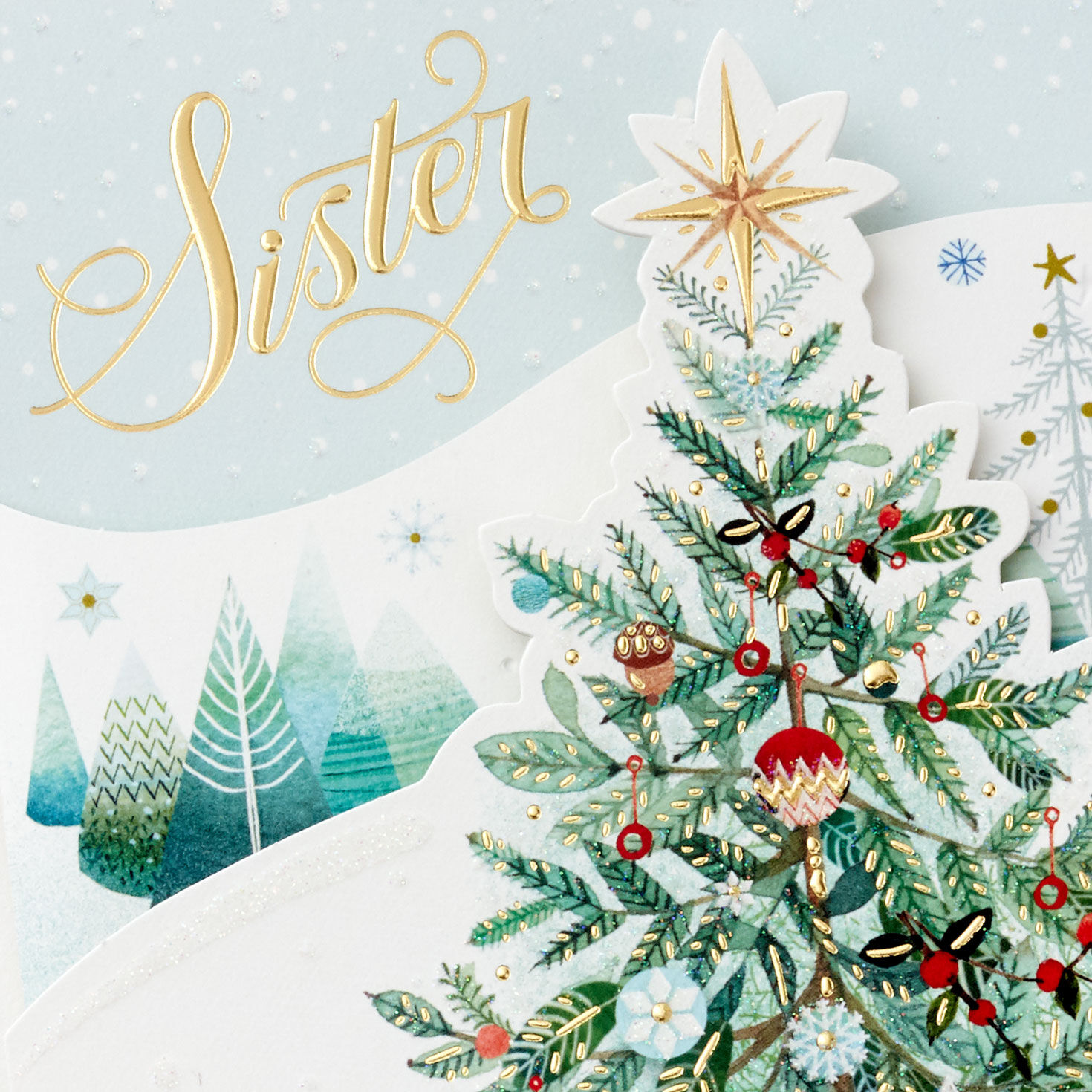 Decorated Tree in Snow Sister Christmas Card Card Front Detail image number 7