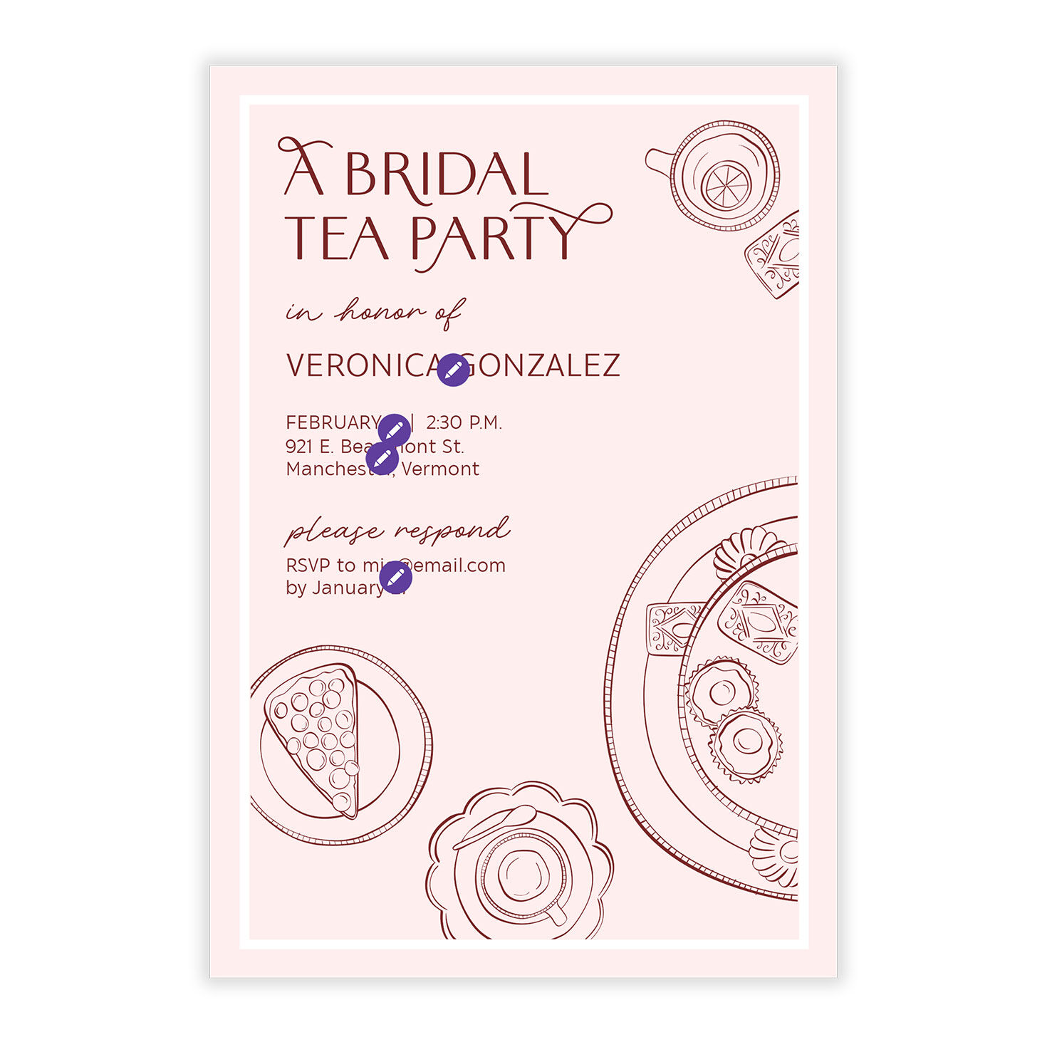 Pink Tea Party Personalized Shower Invitation Card Front indicating personalization image number 5