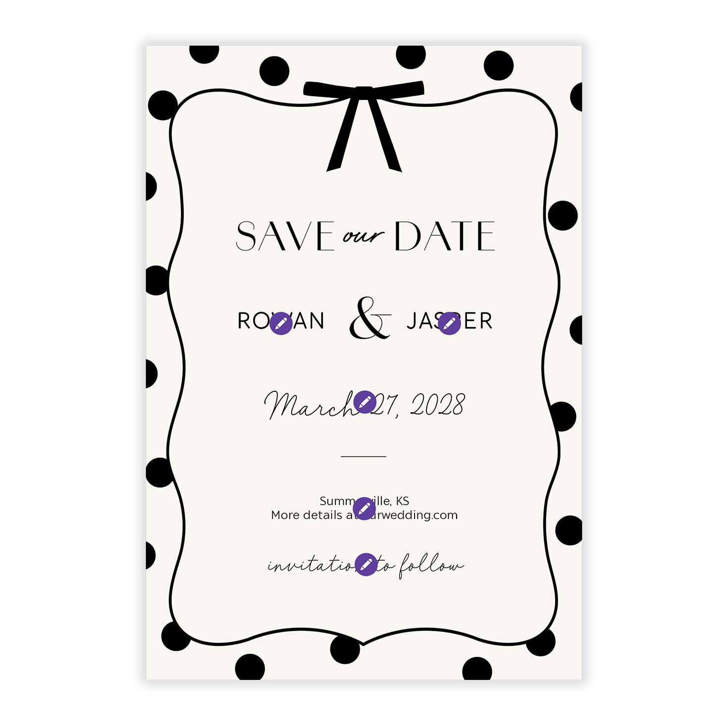Black White Dots Bow Personalized Save the Date Card Card Front indicating personalization image number 5