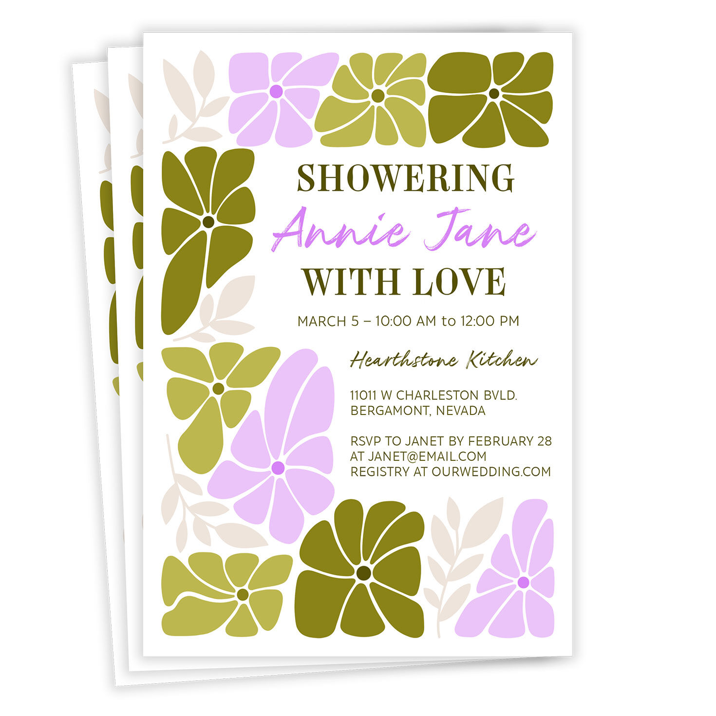 Modern Green and Pink Blossoms Flat Bridal Shower Invitation