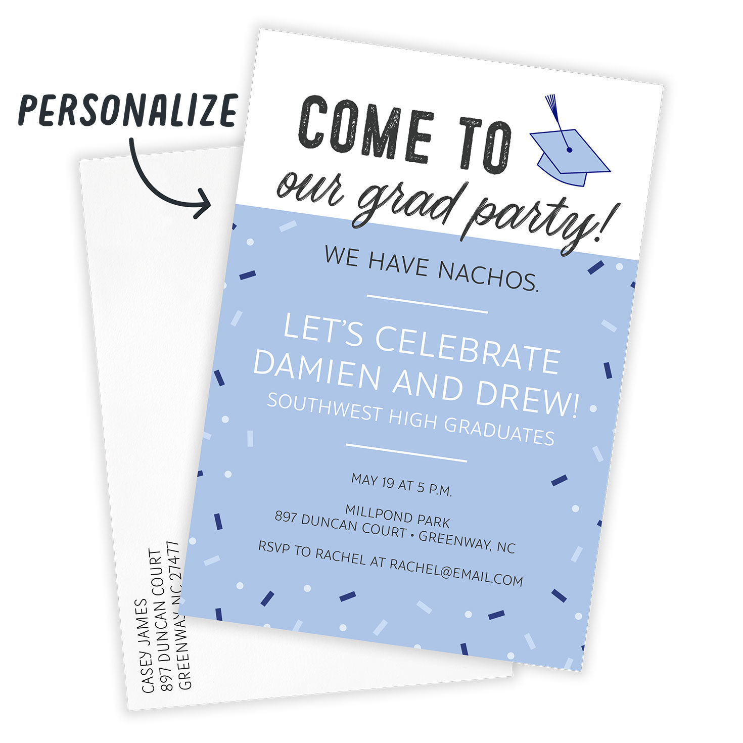 Blue and White Confetti Grad Party Invitation Card Front indicating personalization image number 2