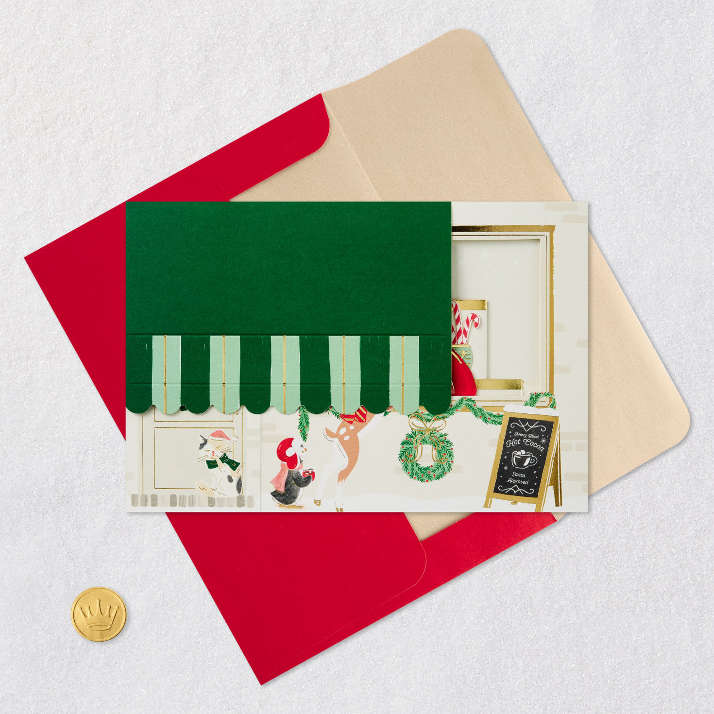 Santa Cocoa Stand Pop Up Christmas Card Card Front with Envelope and Gold Seal image number 7
