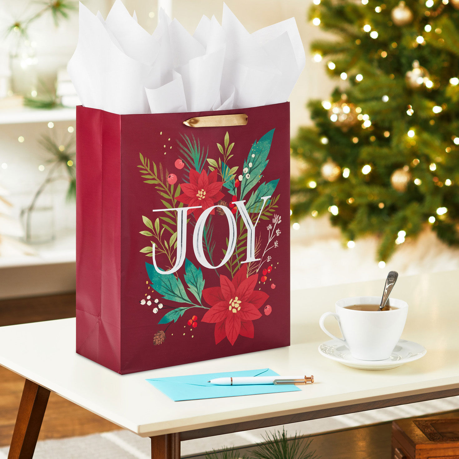 Joy and Poinsettia Extra-Large Holiday Gift Bag With Tissue Paper  image number 2