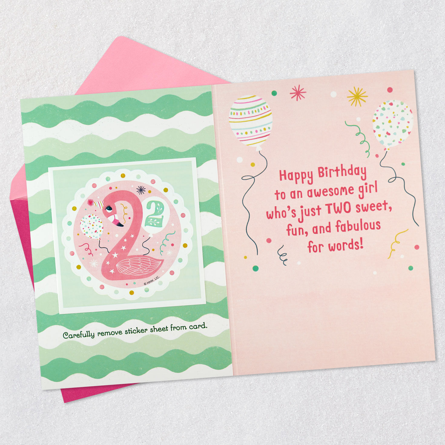 2nd Birthday Card for Girl With Flamingo Sticker Open card with envelope image number 3