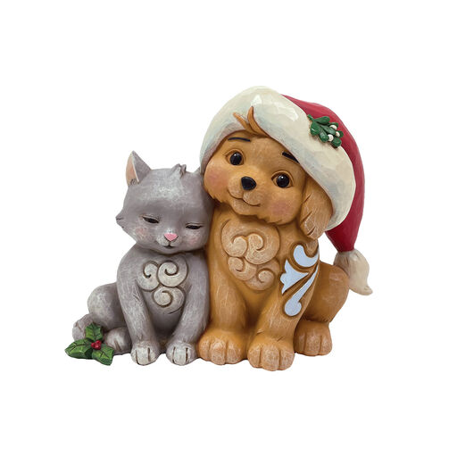 Jim Shore Kitten and Puppy With Santa Hat Figurine, 4.3", 