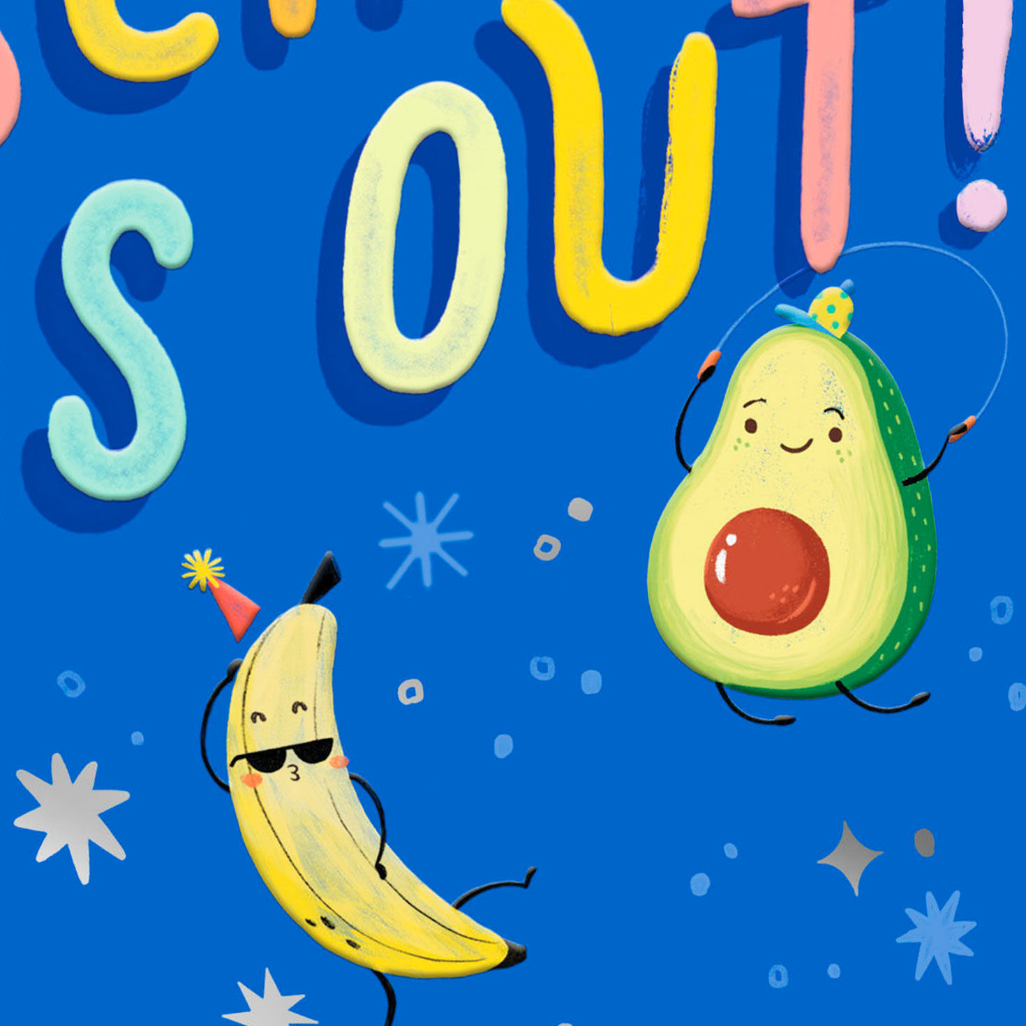 Dancing Fruit on Blue Schools Out Kids Card Card Front Detail image number 4