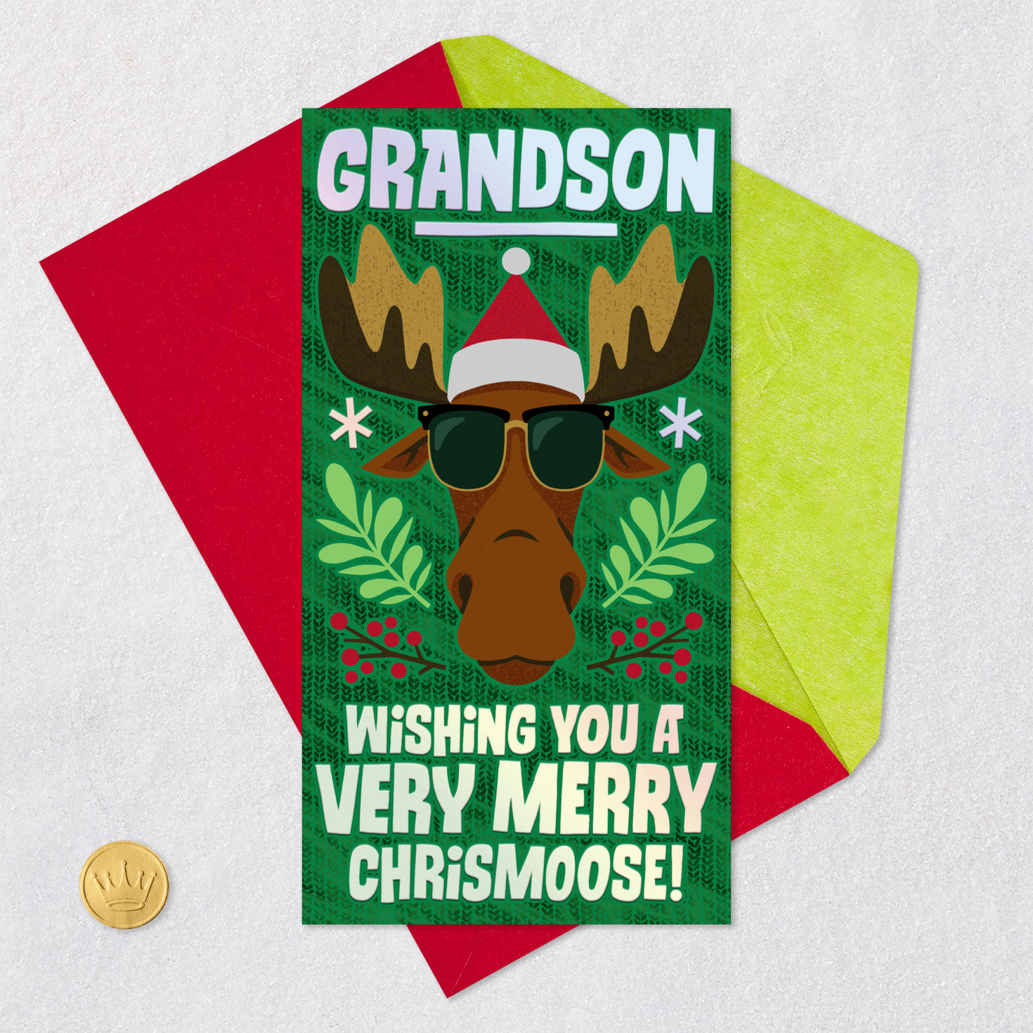 Cool Santa Moose Grandson Christmas Card Card Front with Envelope and Gold Seal image number 6