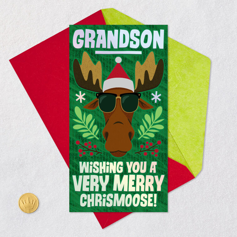 Cool Santa Moose Grandson Christmas Card Card Front with Envelope and Gold Seal image number 6