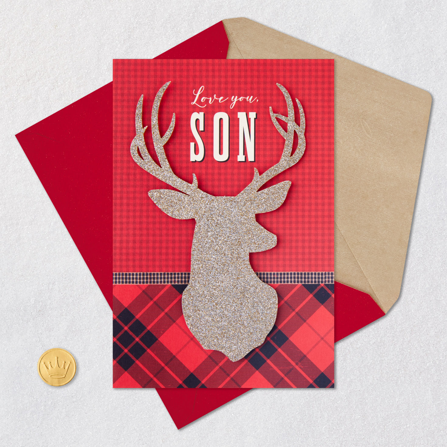 Gold Deer Head and Plaid Christmas Card for Son Card Front with Envelope and Gold Seal image number 6