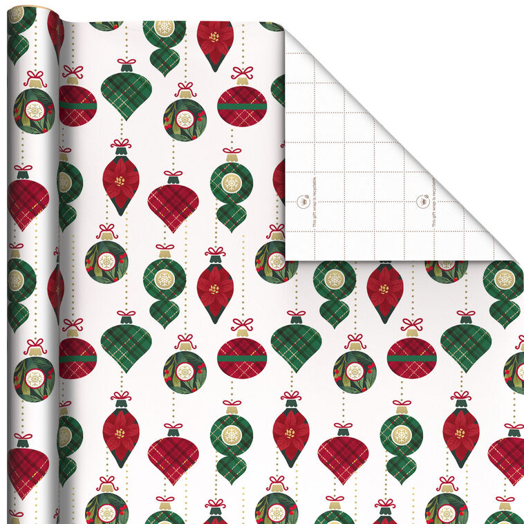 Retro Ornaments on White Christmas Wrapping Paper Roll, 35 sq. ft.