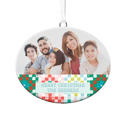 Holiday Patchwork Personalized Text and Photo Ceramic Ornament, 