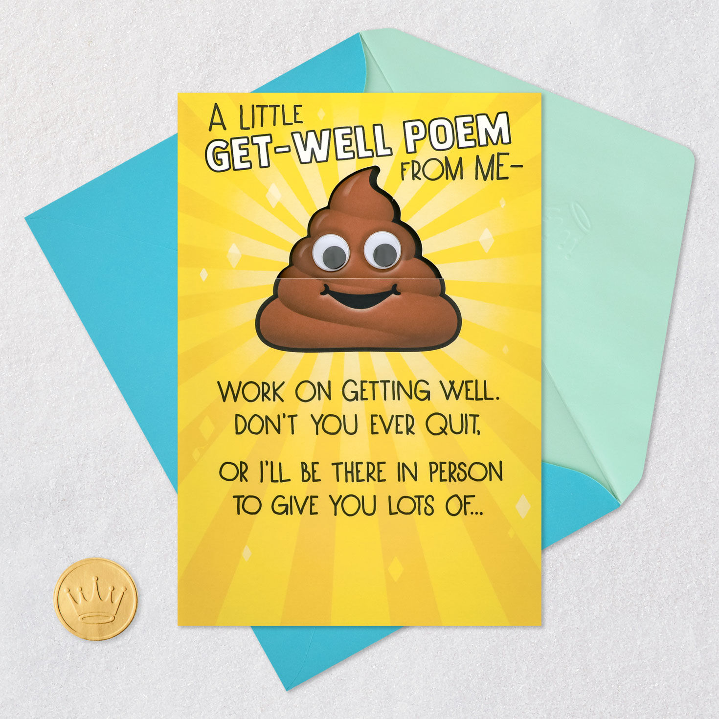 Funny Poop Emoji Get Well Card Card Front with Envelope and Gold Seal image number 5