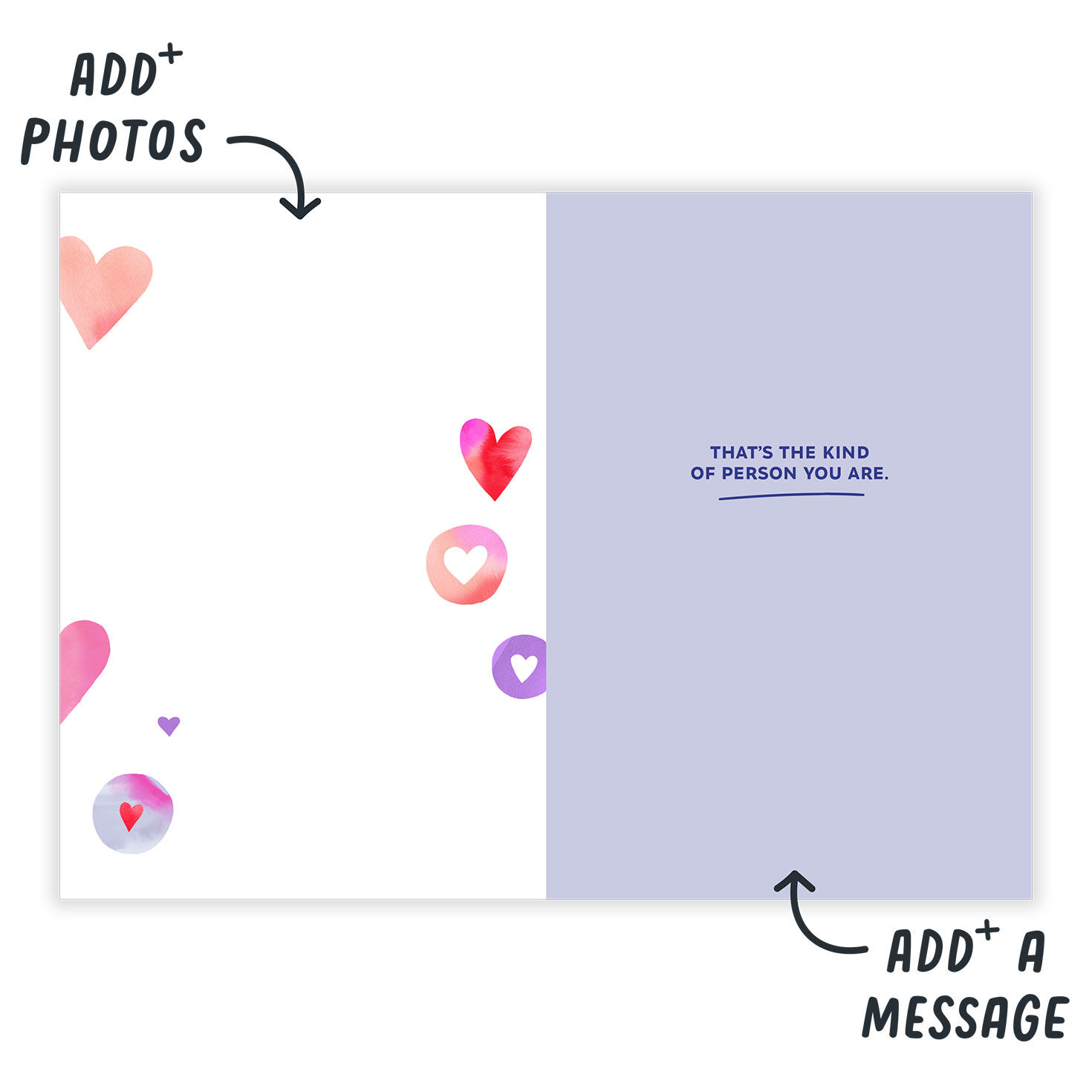 Watercolor Hearts Personalized Valentine's Day Card Open Card indicating personalization image number 3