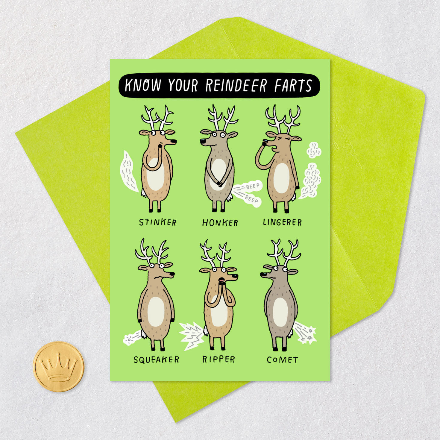 Reindeer Farts Funny Christmas Card Card Front with Envelope and Gold Seal image number 5