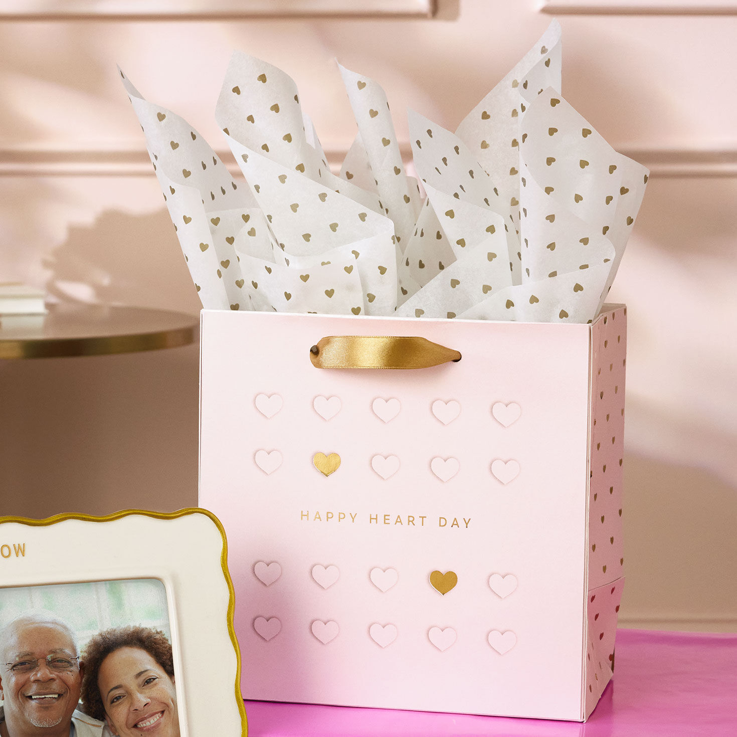 7.7" Pink Happy Heart Day Medium Square Gift Bag With Tissue Paper