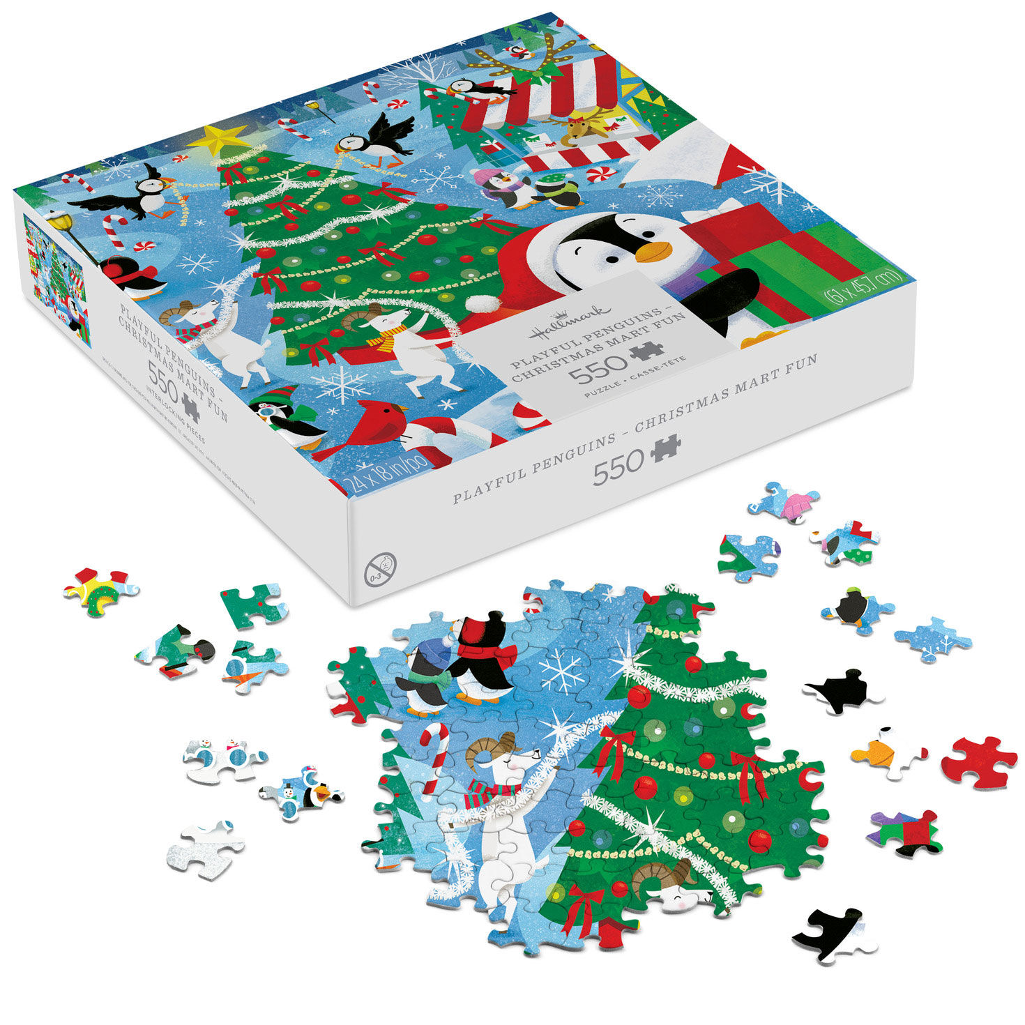 Penguins in Wooded Christmas Market 550-Piece Puzzle front with puzzle pieces image number 2