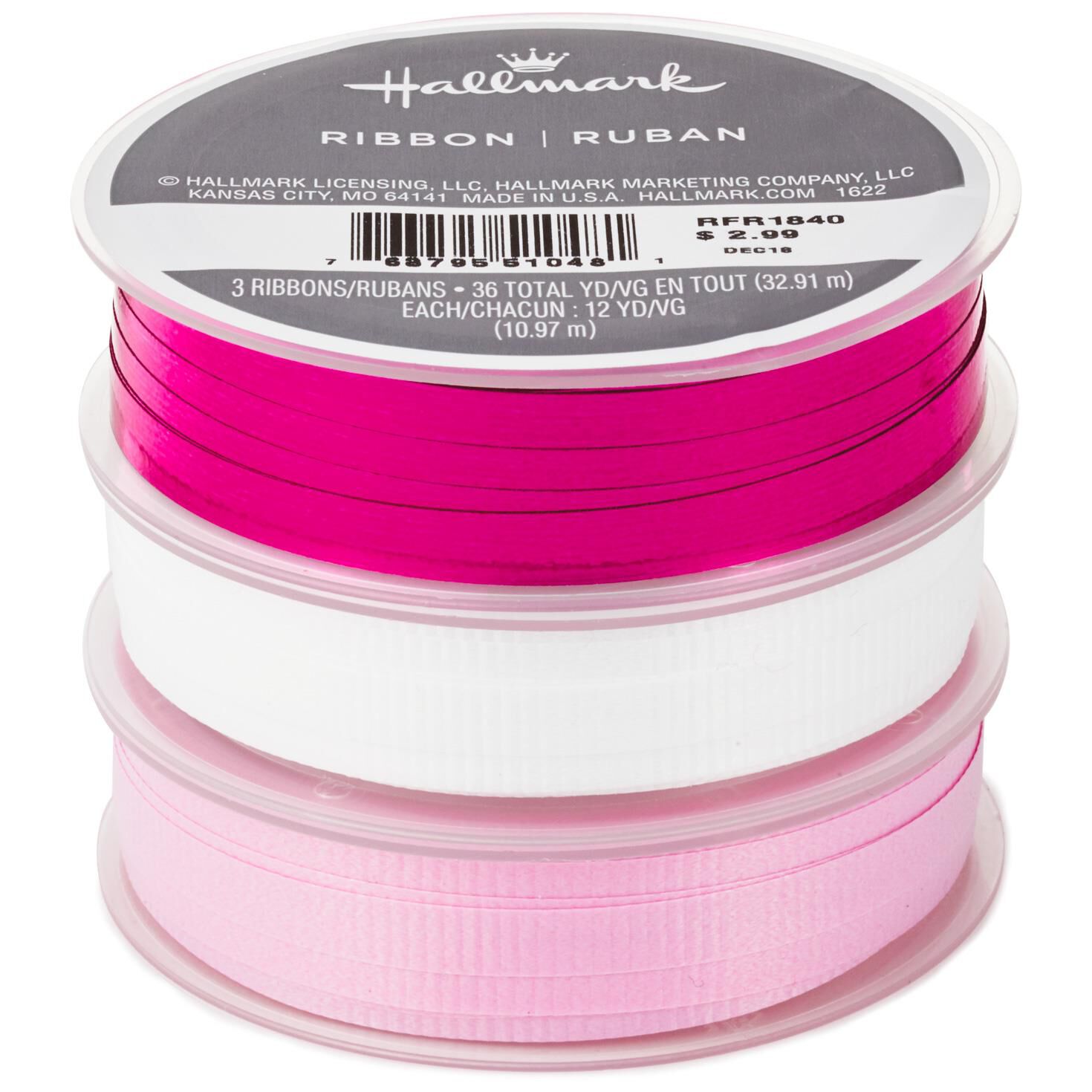 Hot Pink/Light Pink/White 3-Pack Curling Ribbon, 108