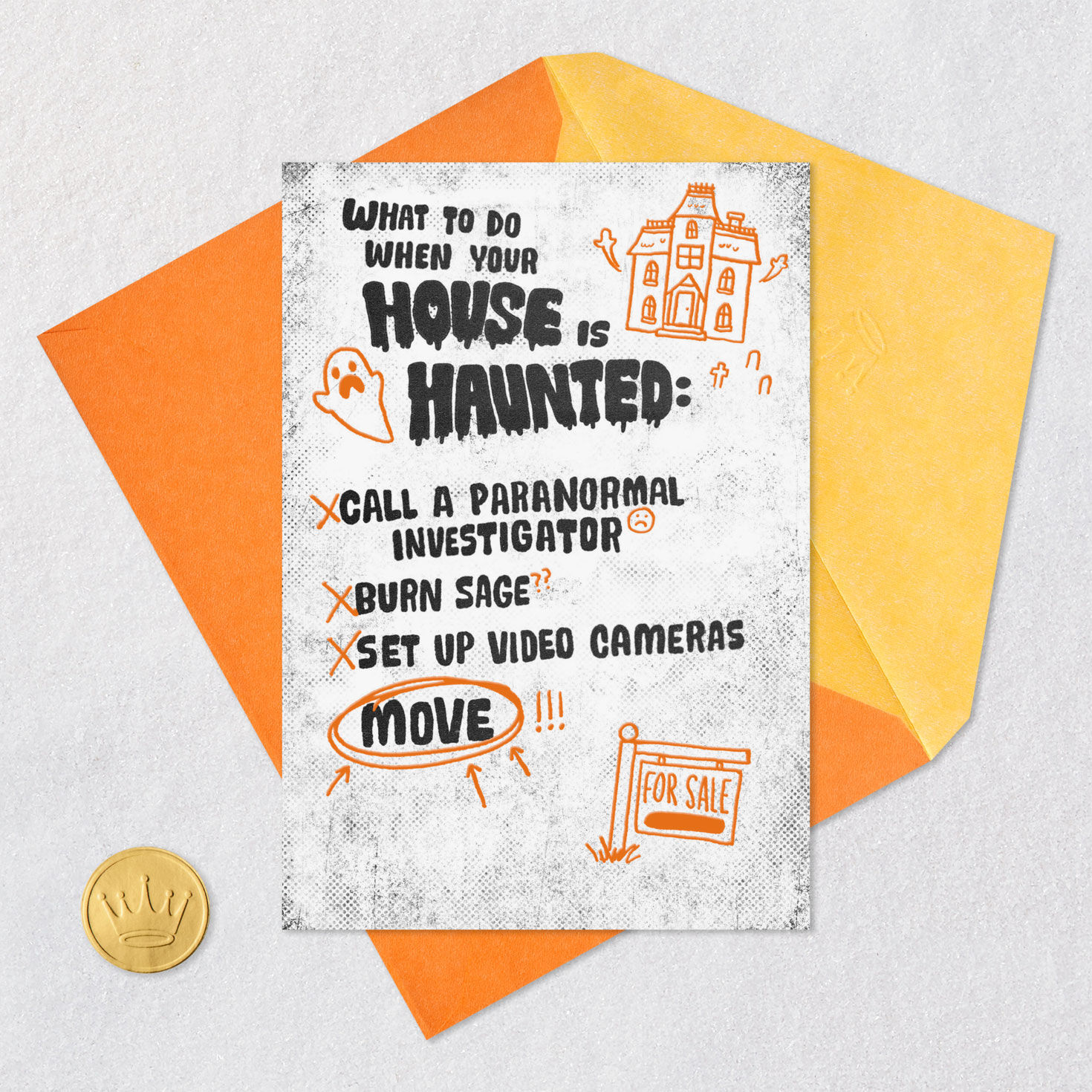 Haunted House Time to Move Funny Halloween Card Card Front with Envelope and Gold Seal image number 5