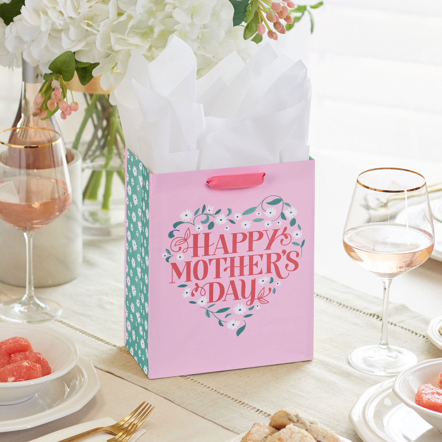 Floral Heart on Pink Medium Mother's Day Gift Bag in use image number 2