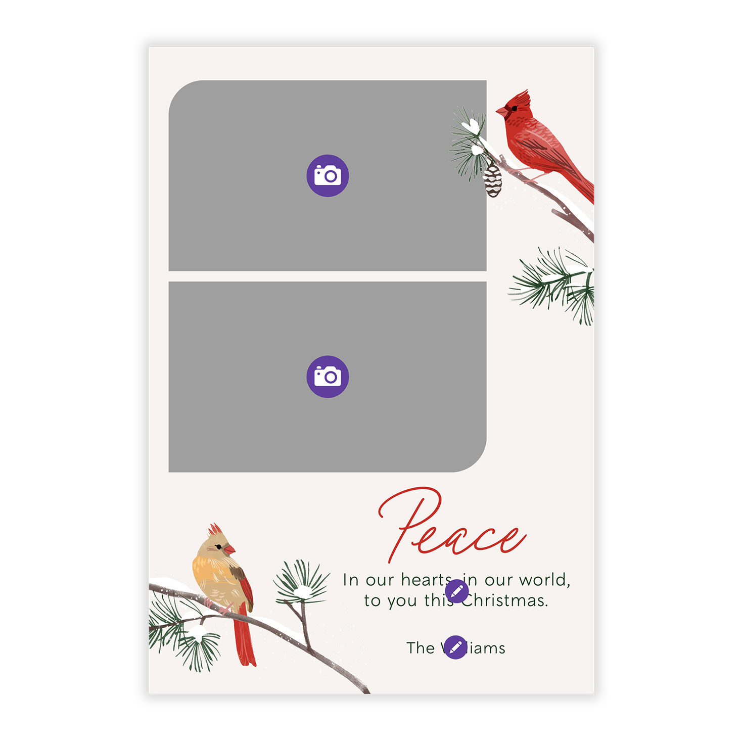 Peace Cardinals Personalized Christmas Photo Card Card Front indicating personalization image number 5