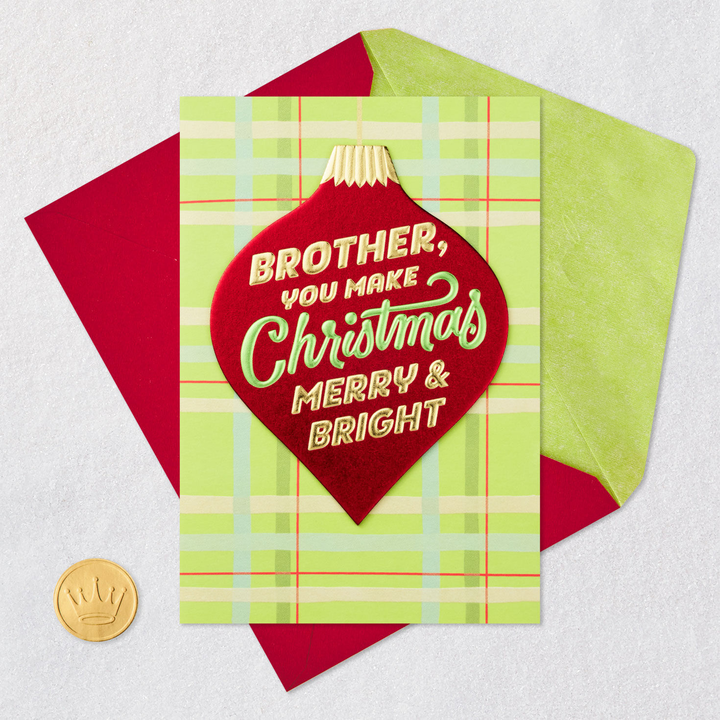 Red Ornament Green Plaid Christmas Card for Brother Card Front with Envelope and Gold Seal image number 5