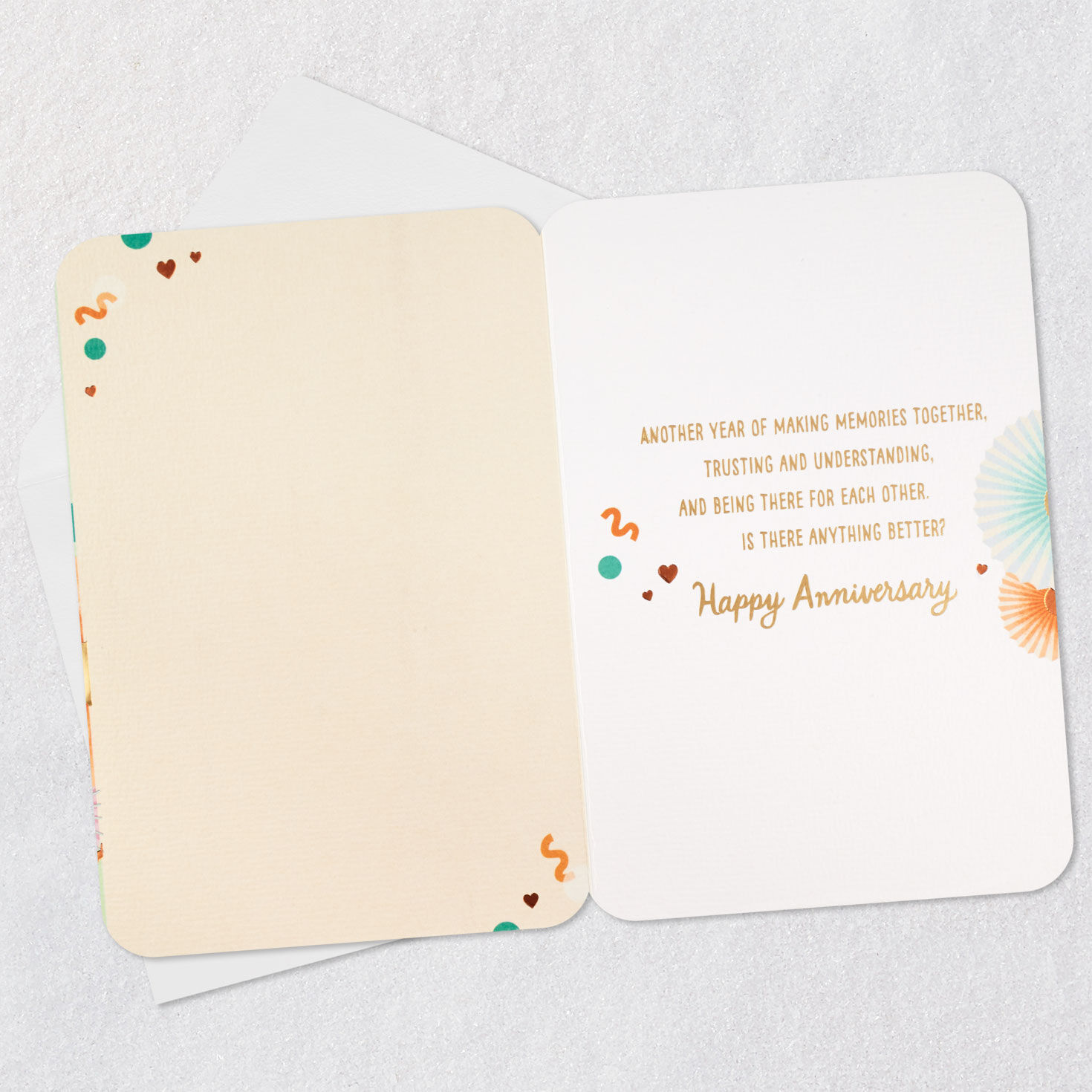 Paper Fan Flowers and Confetti on Mint Green Anniversary Card Open card with envelope image number 3