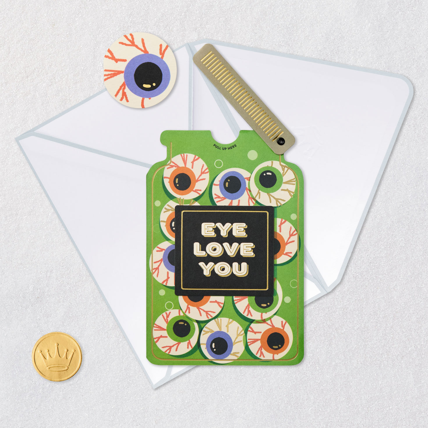 Eyes in Jar "Eye Love You" Halloween Card Card Front with Envelope and Gold Seal image number 5