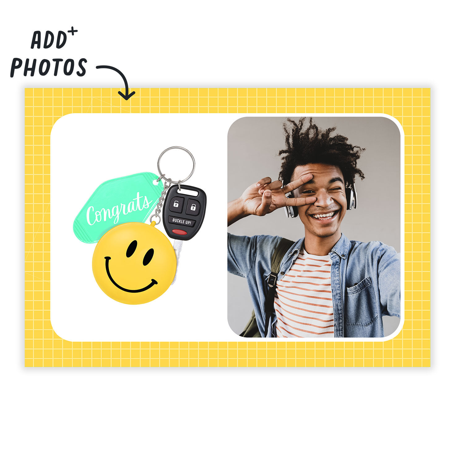 Smiley Face Keychain Personalized Congrats Card Card Front indicating personalization image number 2