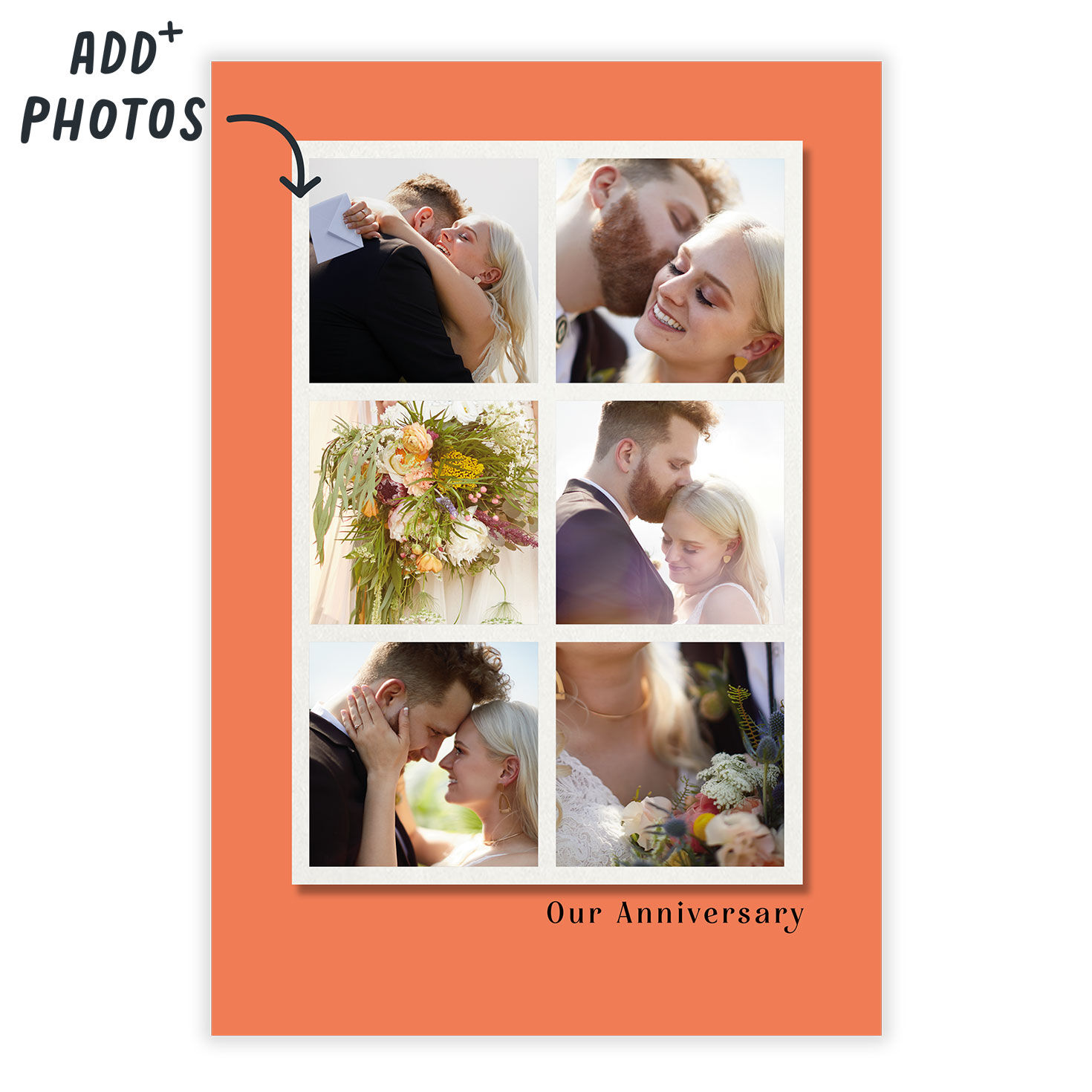 Photo Grid on Orange Personalized Anniversary Card Card Front indicating personalization image number 2