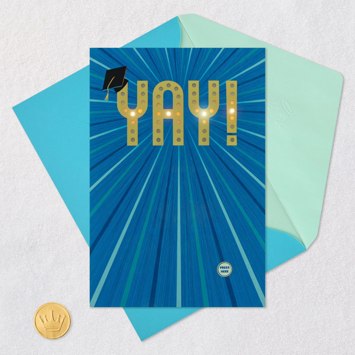 Blue and Gold Light Up Graduation Card with Music Card Front with Envelope and Gold Seal image number 5