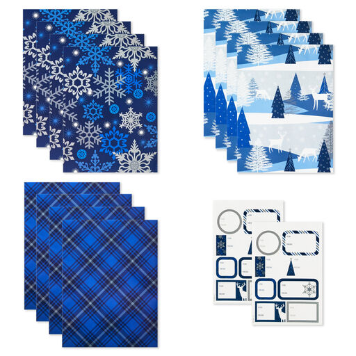 Wintry Blue Assorted Flat Wrapping Paper With Gift Tags, 12 sheets, 