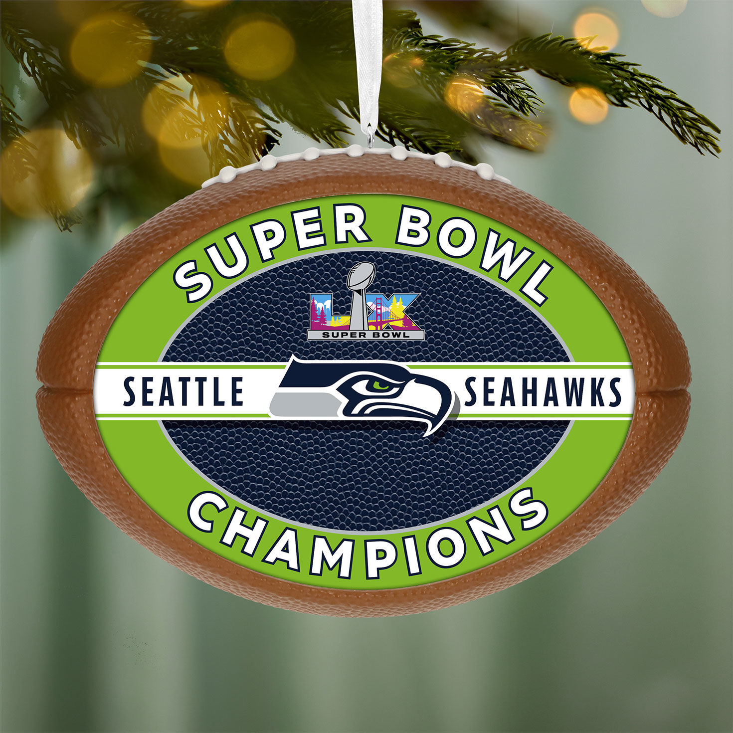 Seahawks Super Bowl Football Keepsake Ornament hanging on tree image number 2