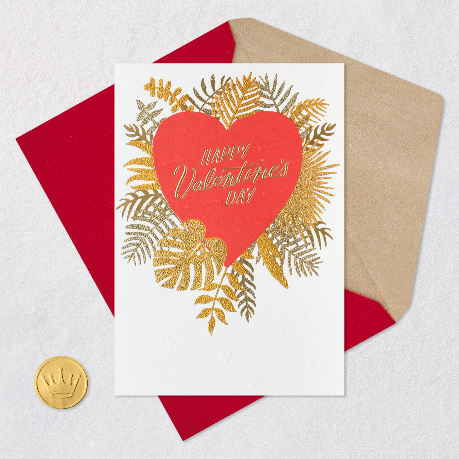 Red Heart and Tropical Leaves Valentine's Card Card Front with Envelope and Gold Seal image number 5