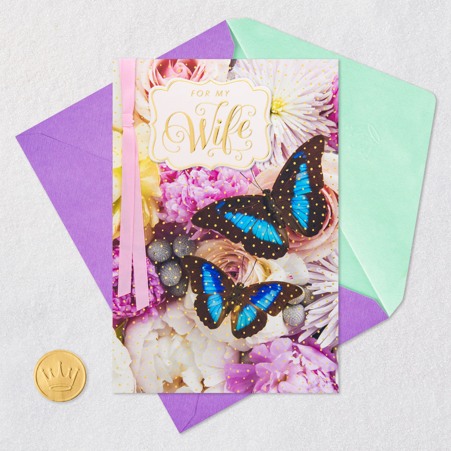 Blue Butterfly on Flowers Mother's Day Card for Wife Card Front with Envelope and Gold Seal image number 6