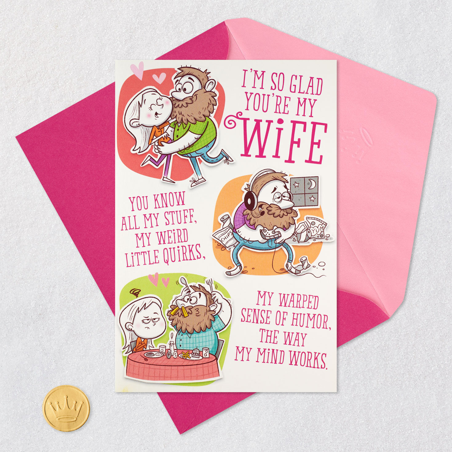 Husband and Wife Cartoon Funny Birthday Card Card Front with Envelope and Gold Seal image number 7